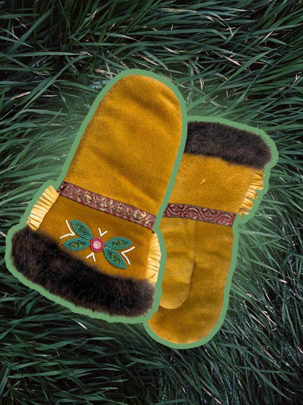 Canadian Moose Hide Beaded Mitts Beaver Fur Cuff and Fleece Lining
